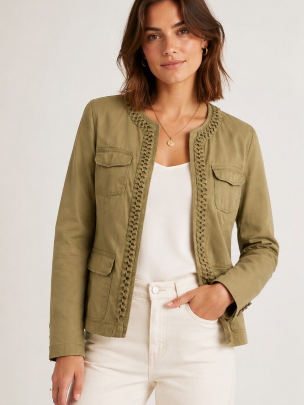 J.Crew Braided Trim Twill Utility Blazer Jacket Size 8 Weathered & Broken-in